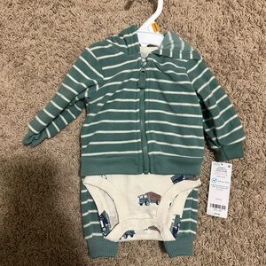 Carter's Green and White Striped Hoodie & Truck Print Bodysuit Set